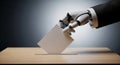 Robot hand casting vote into ballot box. Artificial intelligence in future election concept Royalty Free Stock Photo