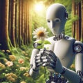 a robot and the hand of a robot in contact with life, with nature