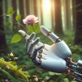 a robot and the hand of a robot in contact with life, with nature