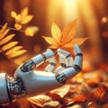 a robot and the hand of a robot in contact with life, with nature