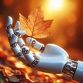 a robot and the hand of a robot in contact with life, with nature