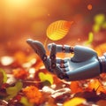 a robot and the hand of a robot in contact with life, with nature