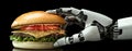 A robot hand crafting a burger, cutting-edge tech, shadowy background Royalty Free Stock Photo