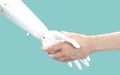 Robot hand. Cyber communication concept isolated on turquoise background. close up.