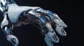 Robot hand on dark isolated background, Detailed image of a robotic anatomy close up, Cyborg mechanical arm pointing