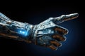 Robot hand on dark isolated background, Detailed image of a robotic anatomy close up, Cyborg mechanical arm pointing