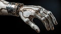 Robot hand on dark isolated background, Detailed image of a robotic anatomy close up, Cyborg mechanical arm pointing