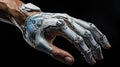 Robot hand on dark isolated background, Detailed image of a robotic anatomy close up, Cyborg mechanical arm pointing