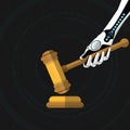 Robot hand with equality scale sign on wrist and judge hammer. Humanoid holding gavel, artificial intelligence justice and machine
