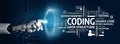 Futuristic Robot Hand Interacting with Digital Coding and Programming Terms in a High-Tech Background Representing the Royalty Free Stock Photo