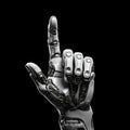 Robot hand finger making contact or pressing something on dark isolated background. Cyborg mechanical arm pointing