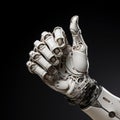 Robot hand finger making contact or pressing something on dark isolated background. Cyborg mechanical arm pointing