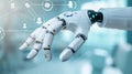 The robot hand has artificial intelligence for assistance with medical practices and surgeries, providing unity with Royalty Free Stock Photo