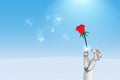 Robot hand hold red rose touching with social network emotion icons. Artificial Intelligence feeling and thinking, AI machine