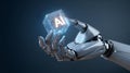 Robot hand holding ai glowing cube with network lines Royalty Free Stock Photo