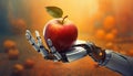 Robot hand holding an apple. Sweet and tasty fruit. Nature and future technology Royalty Free Stock Photo