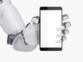 Robot hand holding blank screen mobile phone Royalty Free Stock Photo