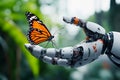 A robot hand holding a butterfly on top of a human hand Royalty Free Stock Photo