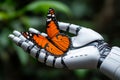 A robot hand holding a butterfly on top of it Royalty Free Stock Photo