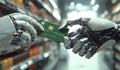 The robot hand is holding a credit card reader and is accepting credit cards for cashless payments Royalty Free Stock Photo