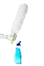 robot hand holding dust brush near spray bottle for cleaning