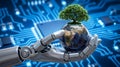 Robot Hand Holding Earth with Tree, Symbolizing Eco-Friendly Technology Royalty Free Stock Photo