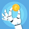 Robot hand holding Ethereum Cryptocurrency gold coin icon. Blockchain technology concept.