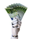 Robot hand holding euro bills 3d rendering
