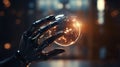 Robot hand holding a glowing crystal ball. 3d rendering. generative ai Royalty Free Stock Photo