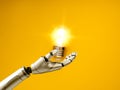 Robot hand holding glowing light bulb symbolizes artificial intelligence, innovation, smart technology, machine learning Royalty Free Stock Photo