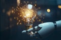 Robot hand holding a lightbulb with artificial intelligence network connections Royalty Free Stock Photo