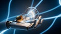 Robot Hand Holding Lightbulb with Code. Royalty Free Stock Photo