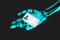 Robot hand holding a passport with his photo and identification number. 3d illustration Royalty Free Stock Photo