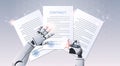 Robot hand holding pen signature document signing up contract humanoid sign agreement top angle view artificial