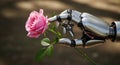 Robot Hand Holding a Pink Rose: Artificial Intelligence and Nature Royalty Free Stock Photo