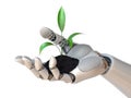 Robot hand holding plant, synthetic life, genetic engineering concept, 3d rendering Royalty Free Stock Photo