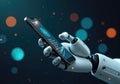 Robot hand holding smartphone checking internet speed and network status Royalty Free Stock Photo
