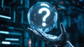 A robot hand holds a glowing question mark. Generative Ai