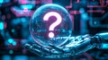 A robot hand holds a glowing question mark. Generative Ai Royalty Free Stock Photo