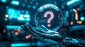 A robot hand holds a glowing question mark. Generative Ai Royalty Free Stock Photo