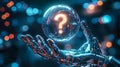 A robot hand holds a glowing question mark. Generative AI Royalty Free Stock Photo