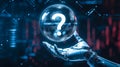 A robot hand holds a glowing question mark. Generative AI Royalty Free Stock Photo