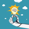 Robot hand holds a light bulb with a human brain Royalty Free Stock Photo