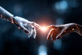 Robot Hand and Human Hand Connect Through Network of Data in AI and Machine Learning Royalty Free Stock Photo