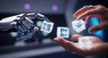 Robot Hand and Human Hand Interacting with Glowing Digital Cubes interaction technology Royalty Free Stock Photo