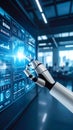 Robot hand interacting with digital interface showing data and world map in futuristic tech lab Royalty Free Stock Photo