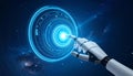 Robot Hand Interacting with Futuristic Blue Digital Interface in Space Royalty Free Stock Photo