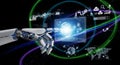 Robot hand interacting with futuristic digital interface displaying data and global network technology Royalty Free Stock Photo