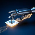robot hand interacting with a glowing computer chip on a dark blue background Royalty Free Stock Photo