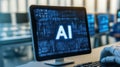 Robot hand on keyboard near computer displaying ai programming code on screen Royalty Free Stock Photo